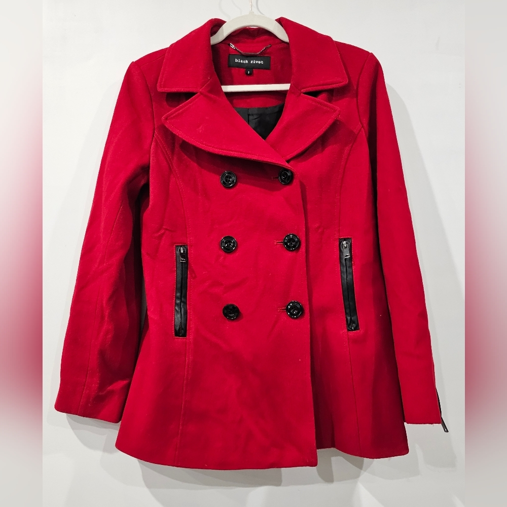 Black Rivet Red Pea Coat Jacket